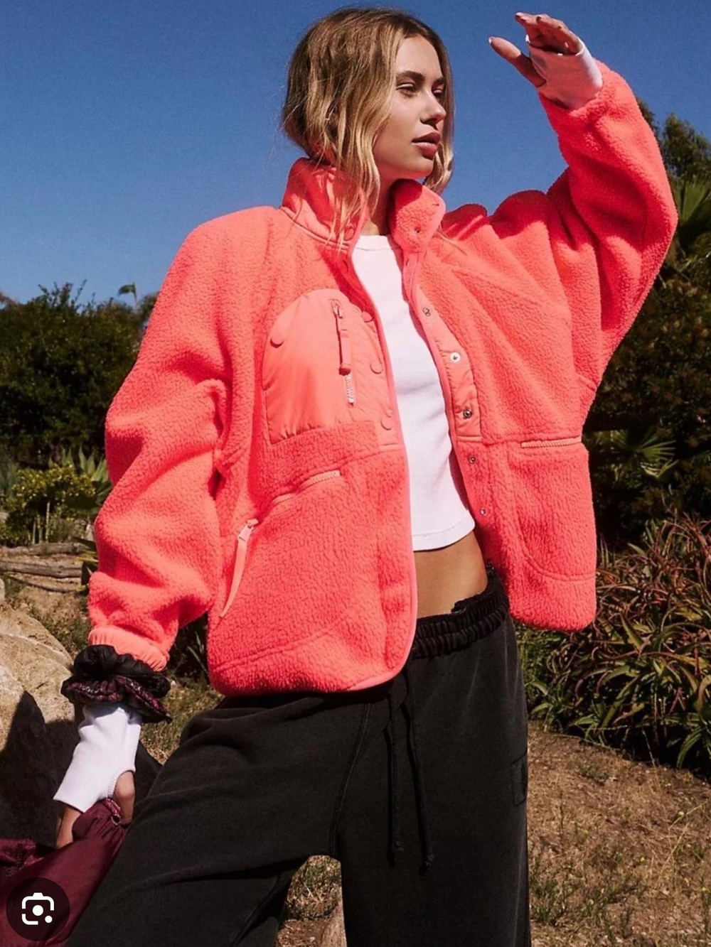 Free People Coral Pink Sherpa Jacket with Snap Front